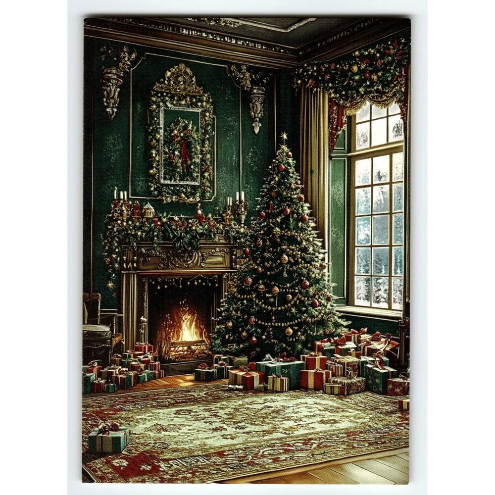 Vintage Christmas Lithograph Postcard Cozy Fireplace & Tree Scene